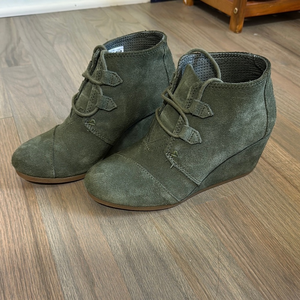 TOMS Olive Suede Wedge Ankle Boots